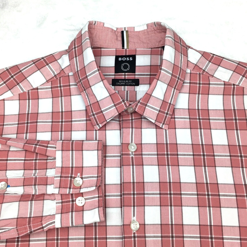 BOSS Hugo Boss Shirt Mens Size Large Mauve Checks Regular Fit Long Sleeves